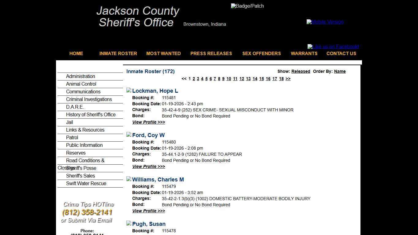 Inmate Roster - Current Inmates Booking Date Descending - Jackson County IN Sheriff