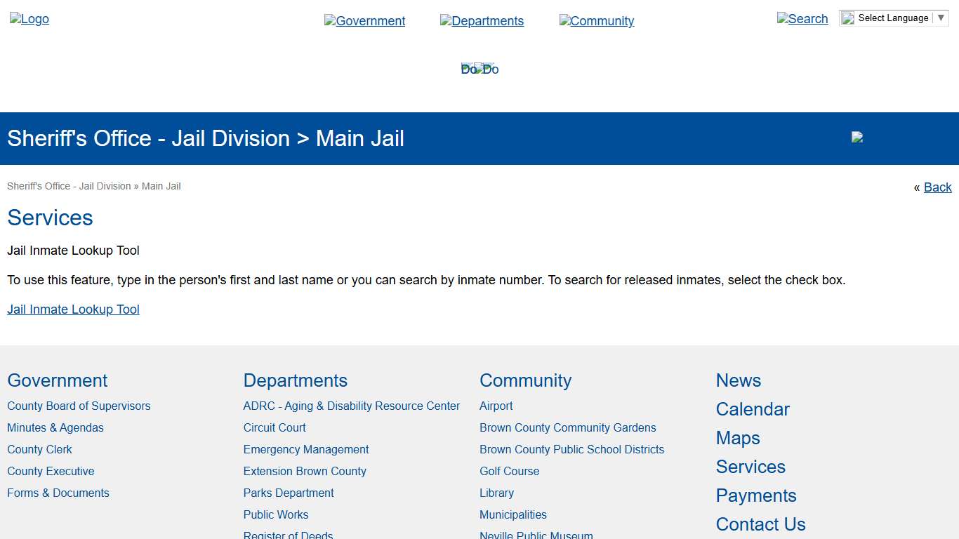 Brown County > Government > Sheriff's Office - Jail Division > Main Jail > Services > Jail Inmate Lookup Tool